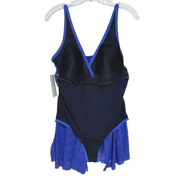 Swimsuits For All Women’s Plus Size 16 Crochet Chevron One Piece Swimdress Blue - Picture 7 of 12